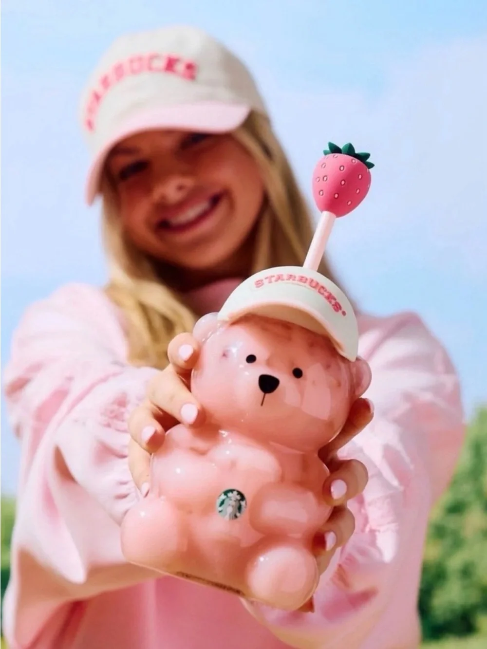 Starbucks Pink Bear Kids Cup with Strawberry Topper
